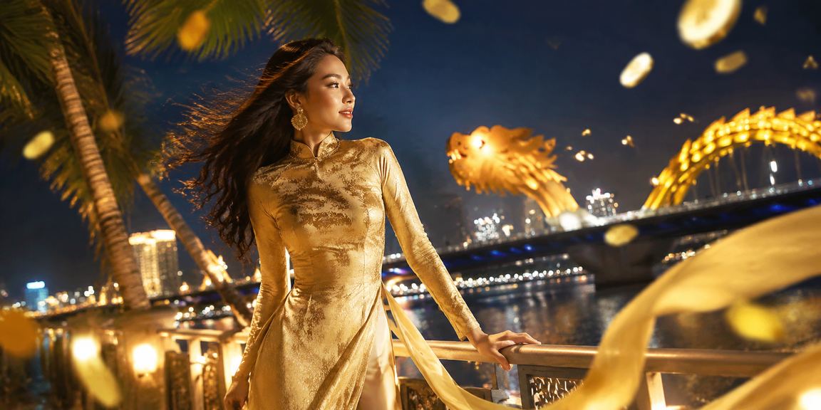 Cô gái mặc áo dài tại khu giải trí casino Đà Nẵng với ánh đèn rực rỡ